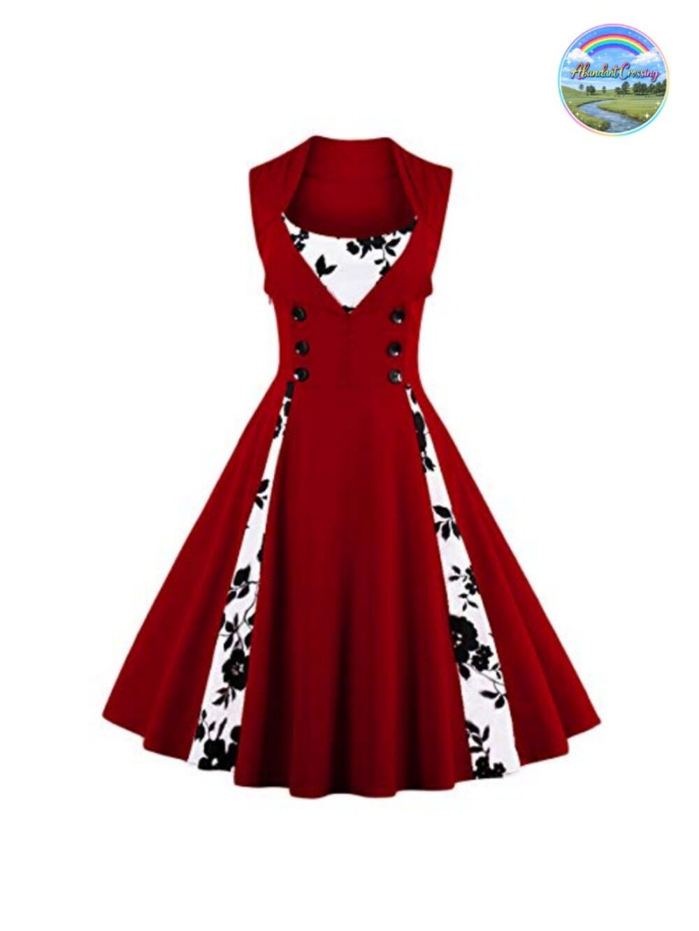 Vintage 1950s Polka Dot Floral Swing Dress Double Breasted Midi